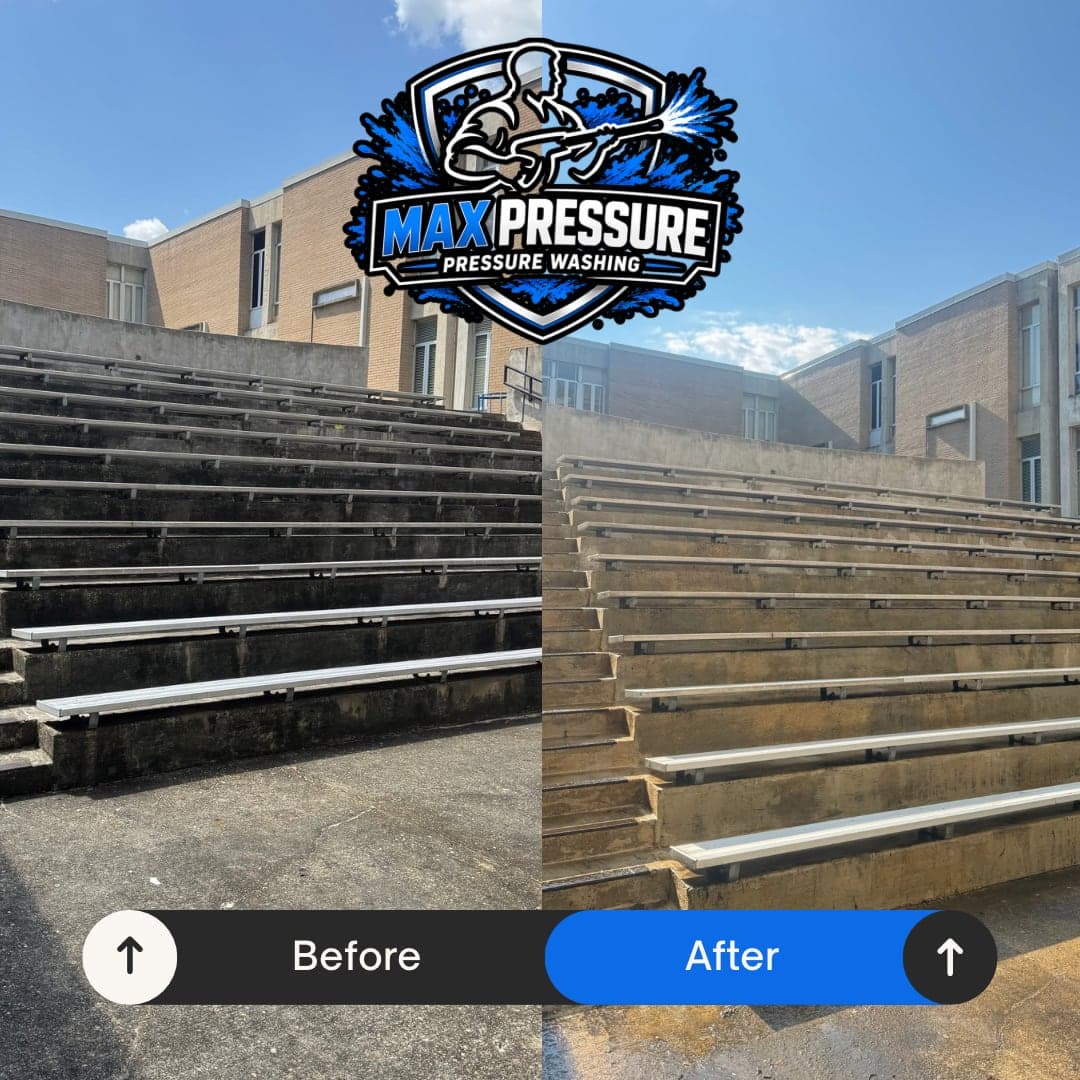 Cape Fear High School outdoor bleachers before and after pressure washing in Fayetteville NC