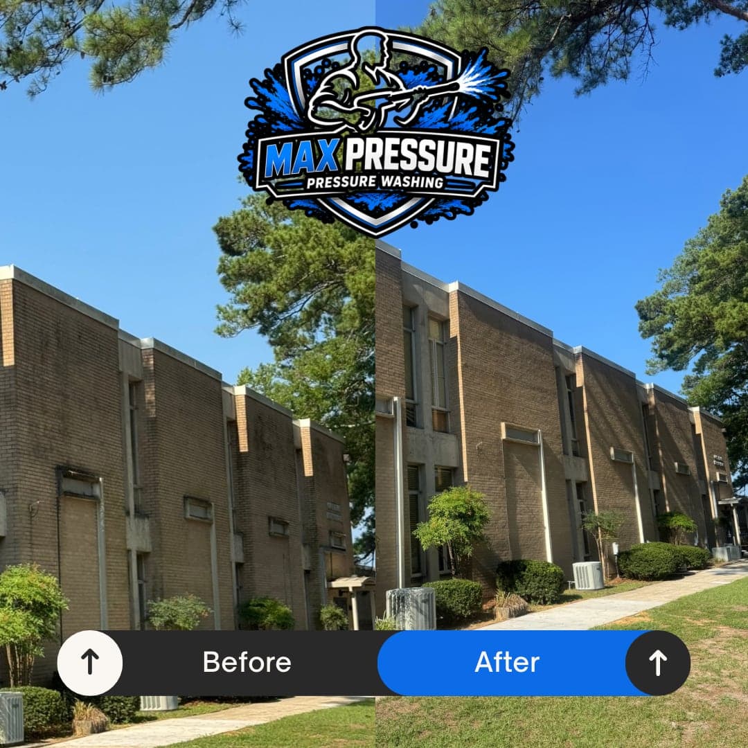 Cape Fear High School main building before and after pressure washing in Fayetteville NC — brick facade cleaned of algae and staining
