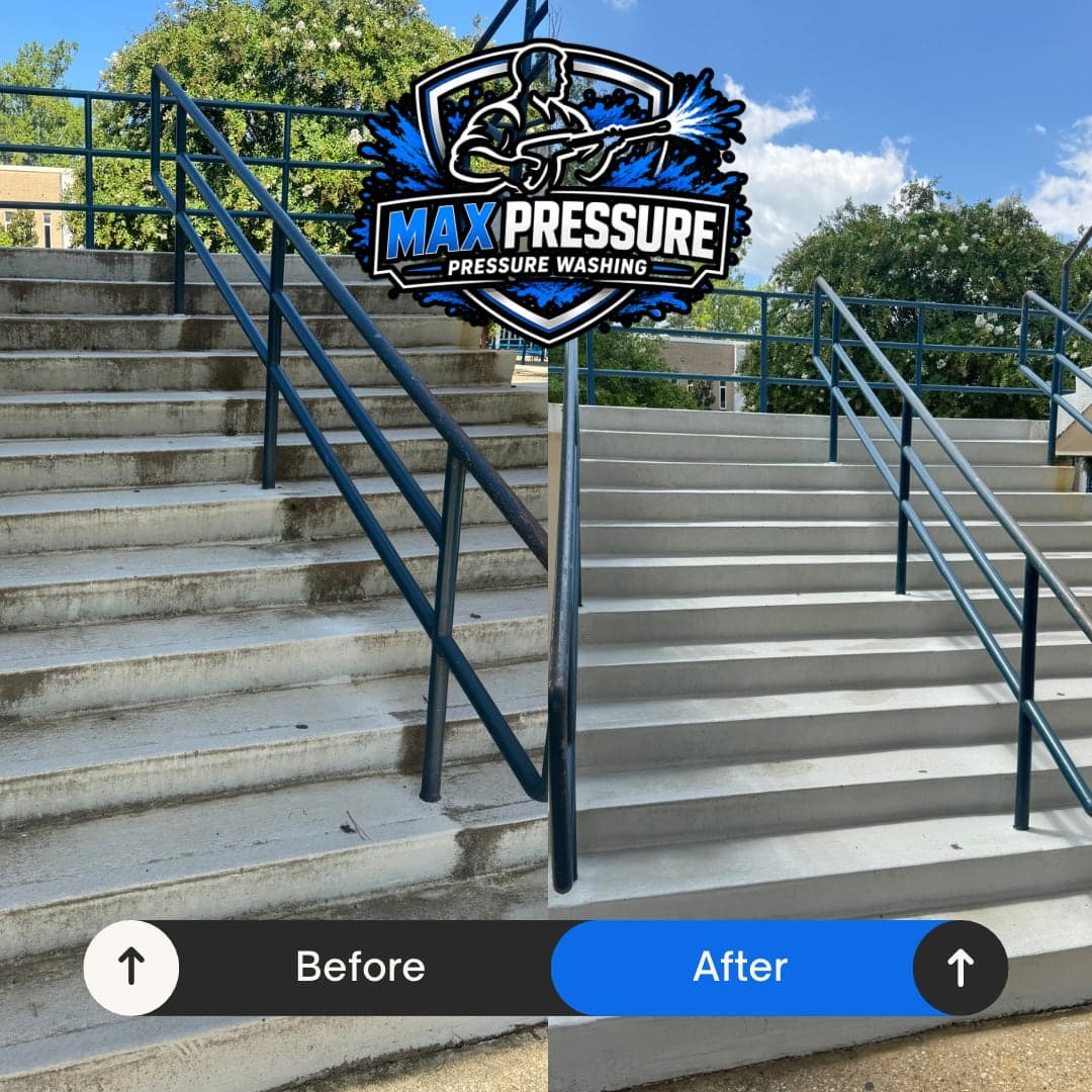 Cape Fear High School concrete stairs before and after pressure washing in Fayetteville NC