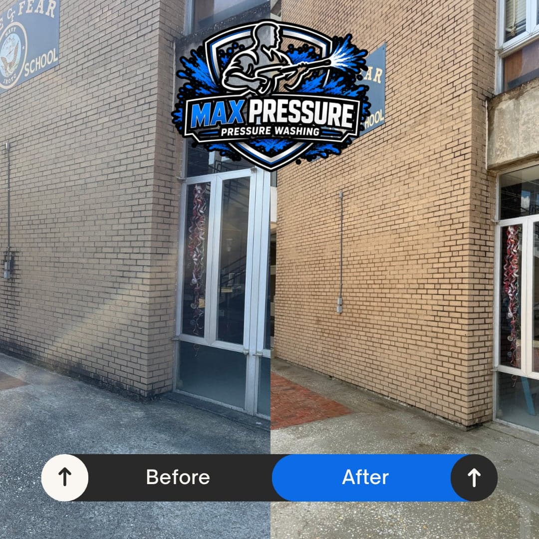 Cape Fear High School entrance brick wall before and after pressure washing in Fayetteville NC