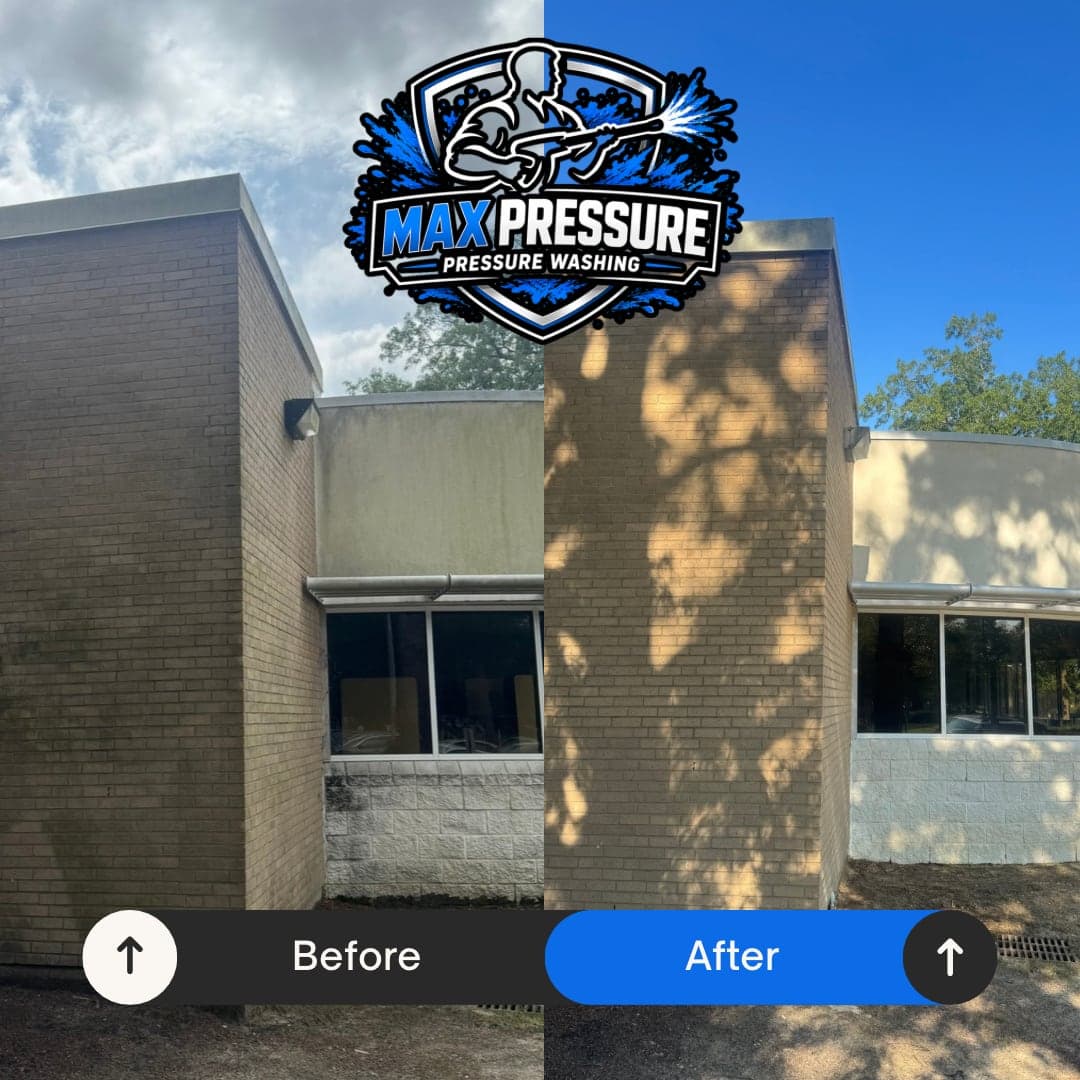 Cape Fear High School brick and masonry wall before and after pressure washing in Fayetteville NC